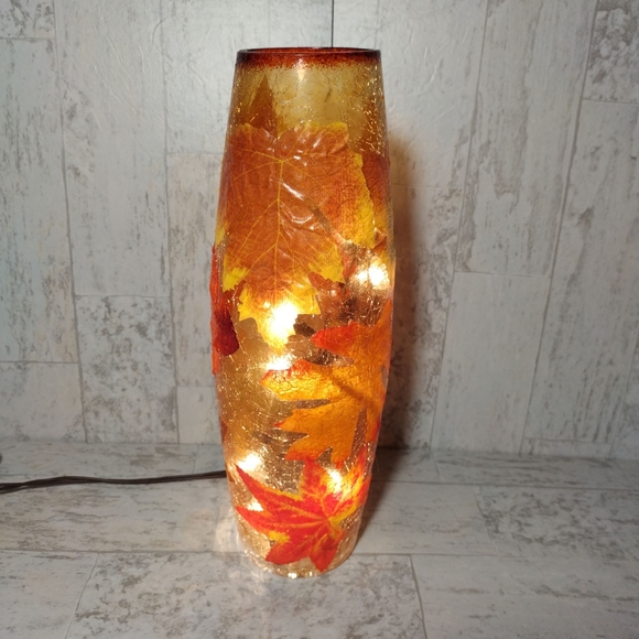 Lighted Fall Glass Vase Autumn Leaves. 12"
